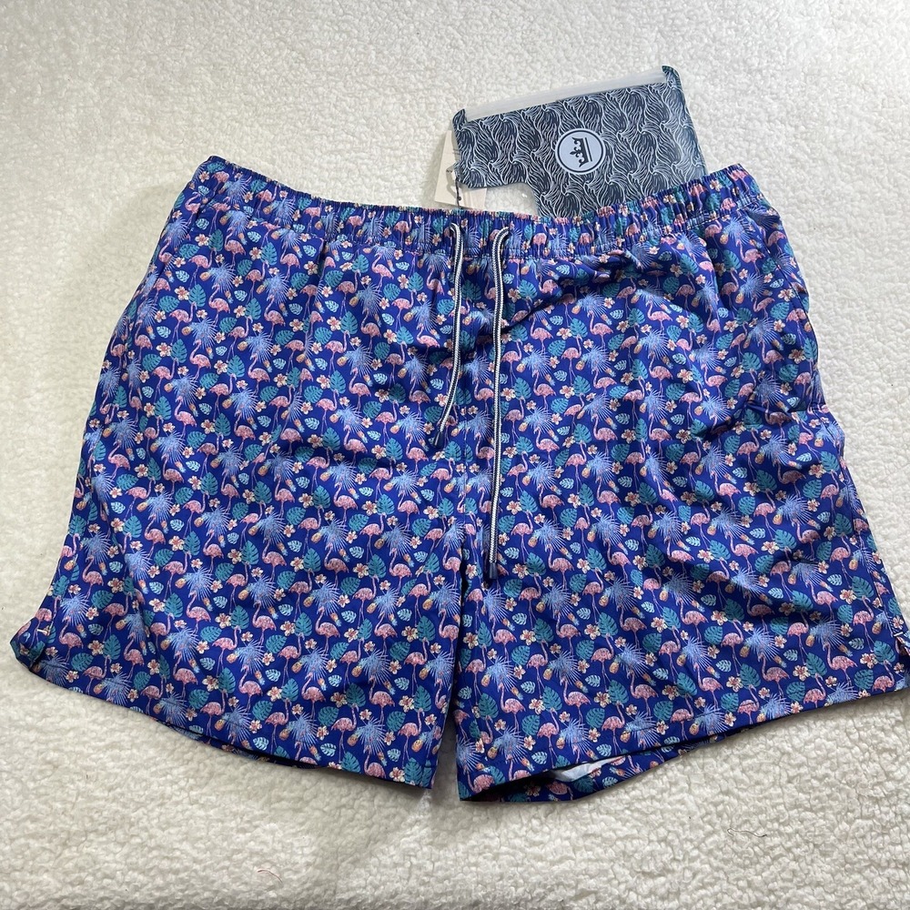 Peter Millar Tropical Flock Swim Trunks Mens‎ 2XL Blue Flamingo Stretch Pouch